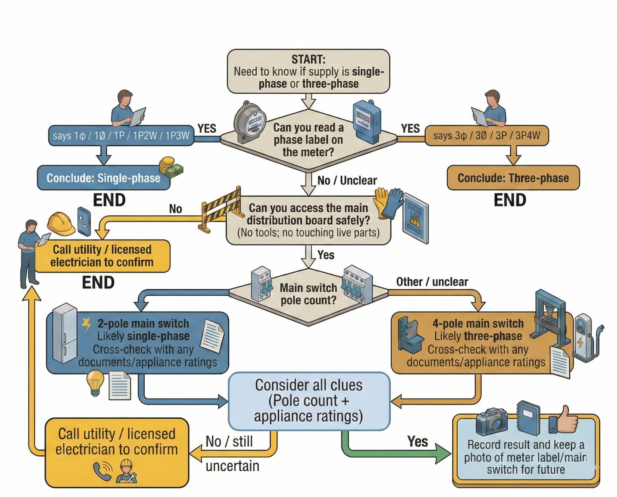 Flowchart to help determine if a home supply is single-phase or three-phase